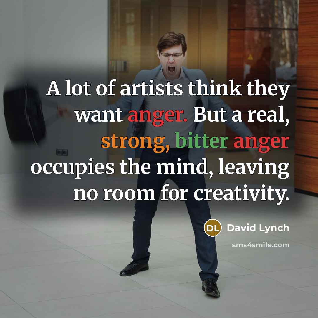 “A lot of artists think they want anger. But a real, strong, bitter anger occupies the mind, leaving no room for creativity.” quote by David Lynch