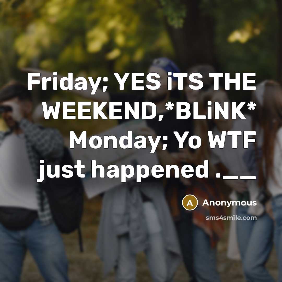 “Friday; YES iTS THE WEEKEND,*BLiNK* Monday; Yo WTF just happened .__” quote by Anonymous