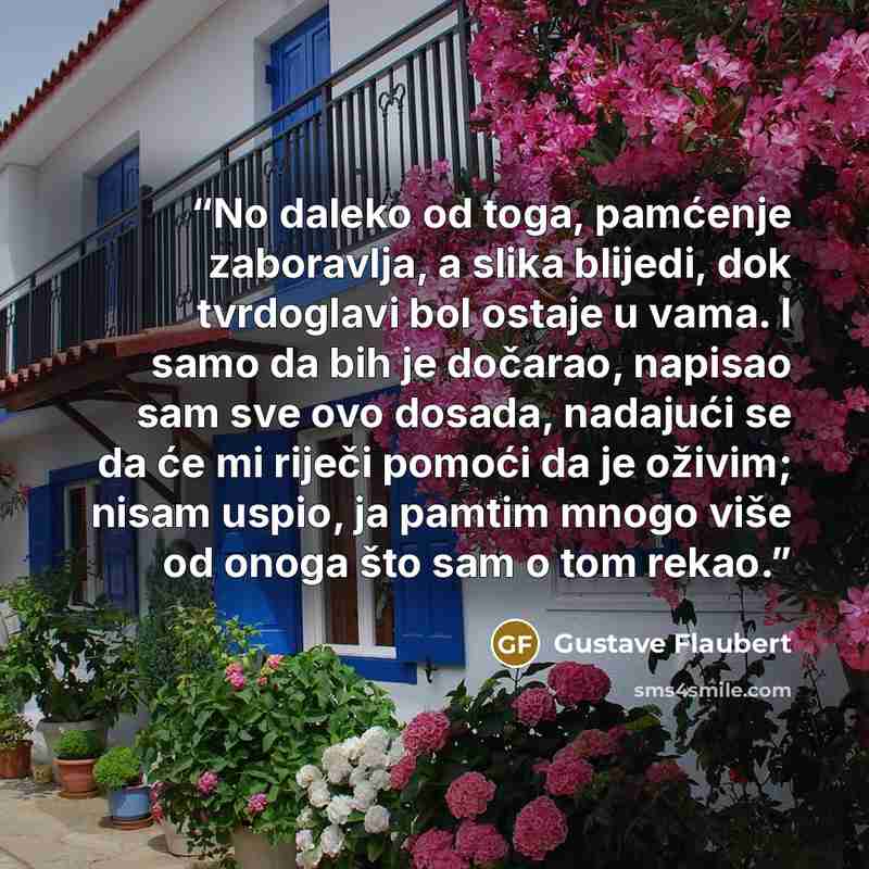 “No daleko od toga, pamćenje zaboravlja, a slika blijedi, dok tvrdoglavi bol ostaje u vama. I samo da bih je dočarao, napisao sam sve ovo dosada, nadajući se da će mi riječi pomoći da je oživim; nisam uspio, ja pamtim mnogo više od onoga što sam o tom rekao.” quote by Gustave Flaubert