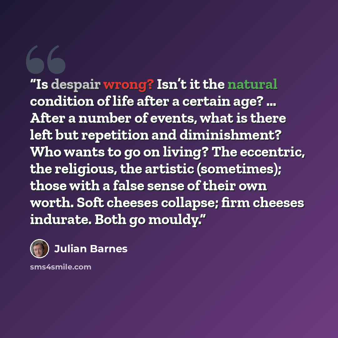 “Is despair wrong? Isn’t it the natural condition of life after a certain age? … After a number of events, what is there left but repetition and diminishment? Who wants to go on living? The eccentric, the religious, the artistic (sometimes); those with a false sense of their own worth. Soft cheeses…” quote by Julian Barnes
