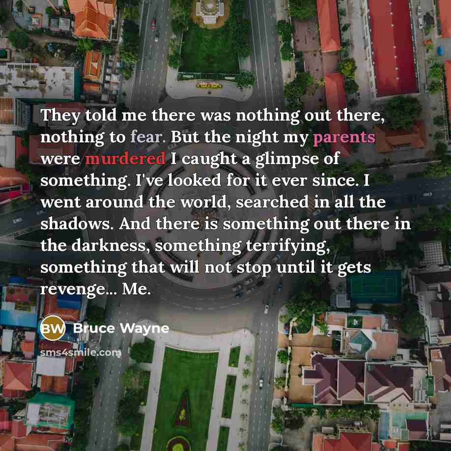 “They told me there was nothing out there, nothing to fear. But the night my parents were murdered I caught a glimpse of something. I've looked for it ever since. I went around the world, searched in all the shadows. And there is something out there in the darkness, something terrifying, something…” quote by Bruce Wayne