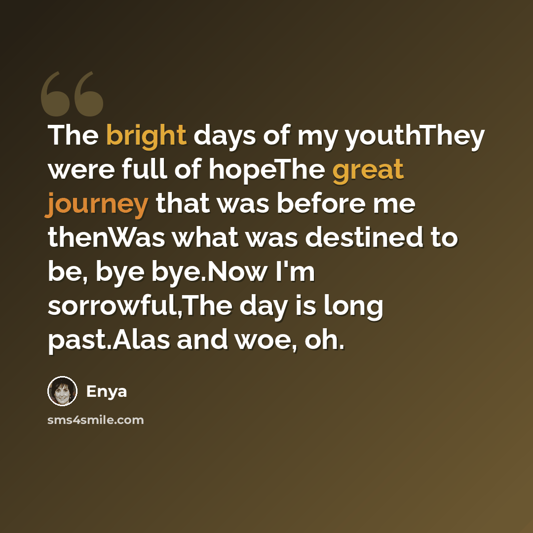 “The bright days of my youthThey were full of hopeThe great journey that was before me thenWas what was destined to be, bye bye.Now I'm sorrowful,The day is long past.Alas and woe, oh.” quote by Enya