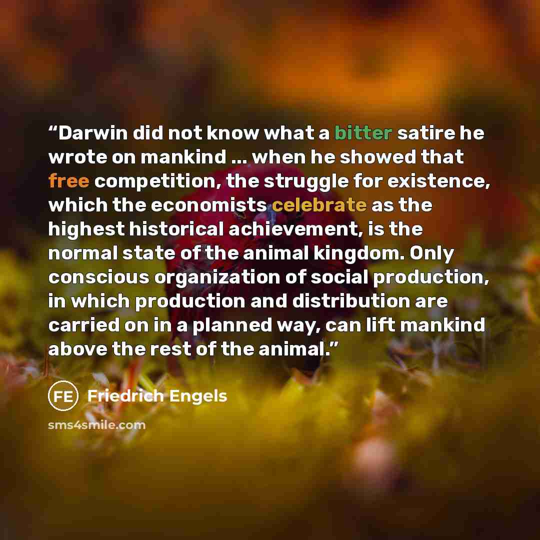 “Darwin did not know what a bitter satire he wrote on mankind ... when he showed that free competition, the struggle for existence, which the economists celebrate as the highest historical achievement, is the normal state of the animal kingdom. Only conscious organization of social production, in…” quote by Friedrich Engels