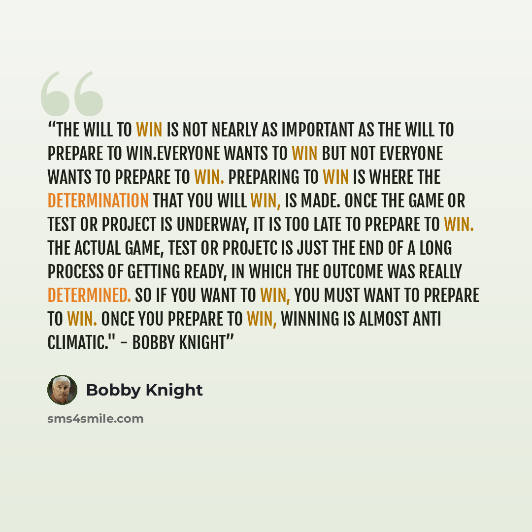 “The will to win is not nearly as important as the will to prepare to win.Everyone wants to win but not everyone wants to prepare to win. preparing to win is where the determination that you will win, is made. Once the game or test or project is underway, it is too late to prepare to win. The…” quote by Bobby Knight