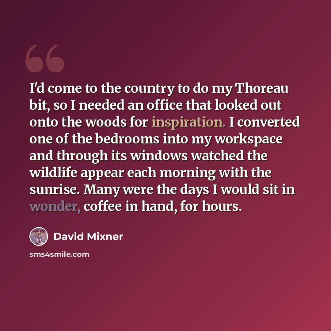 “I'd come to the country to do my Thoreau bit, so I needed an office that looked out onto the woods for inspiration. I converted one of the bedrooms into my workspace and through its windows watched the wildlife appear each morning with the sunrise. Many were the days I would sit in wonder, coffee…” quote by David Mixner