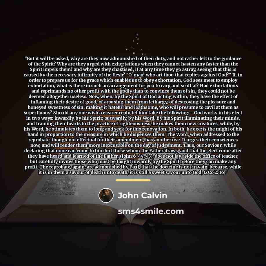 “But it will be asked, why are they now admonished of their duty, and not rather left to the guidance of the Spirit? Why are they urged with exhortations when they cannot hasten any faster than the Spirit impels them? and why are they chastised, if at any time they go astray, seeing that this is…” quote by John Calvin