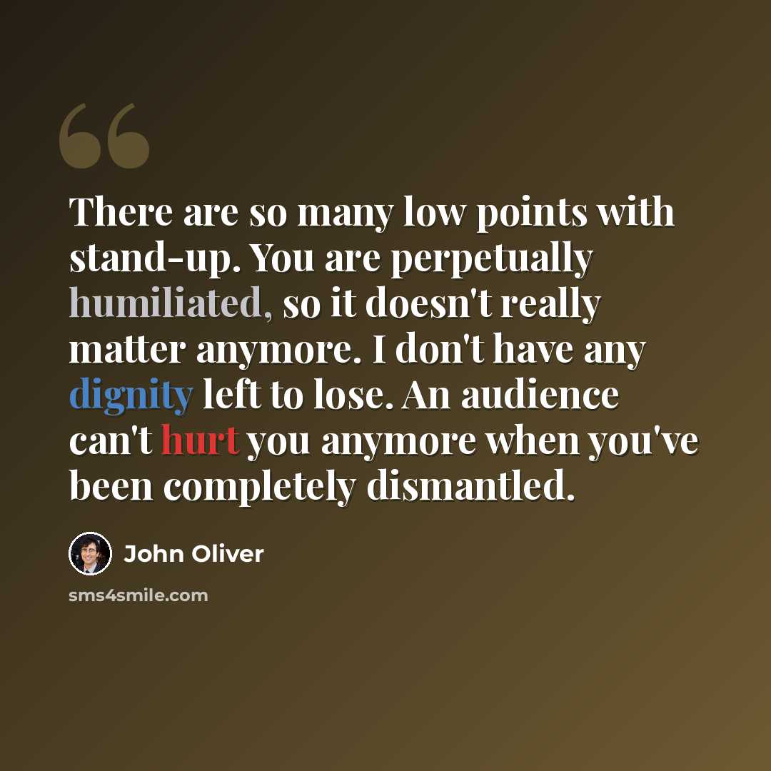 “There are so many low points with stand-up. You are perpetually humiliated, so it doesn't really matter anymore. I don't have any dignity left to lose. An audience can't hurt you anymore when you've been completely dismantled.” quote by John Oliver