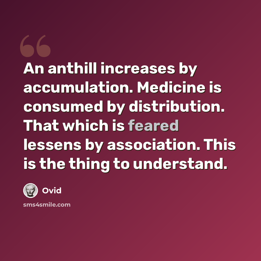 “An anthill increases by accumulation. Medicine is consumed by distribution. That which is feared lessens by association. This is the thing to understand.” quote by Ovid