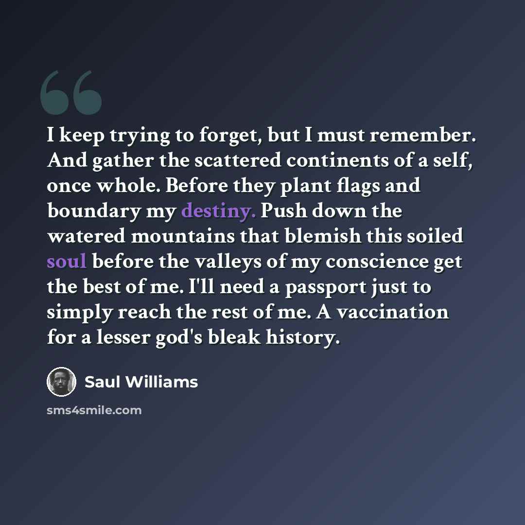 “I keep trying to forget, but I must remember. And gather the scattered continents of a self, once whole. Before they plant flags and boundary my destiny. Push down the watered mountains that blemish this soiled soul before the valleys of my conscience get the best of me. I'll need a passport just…” quote by Saul Williams