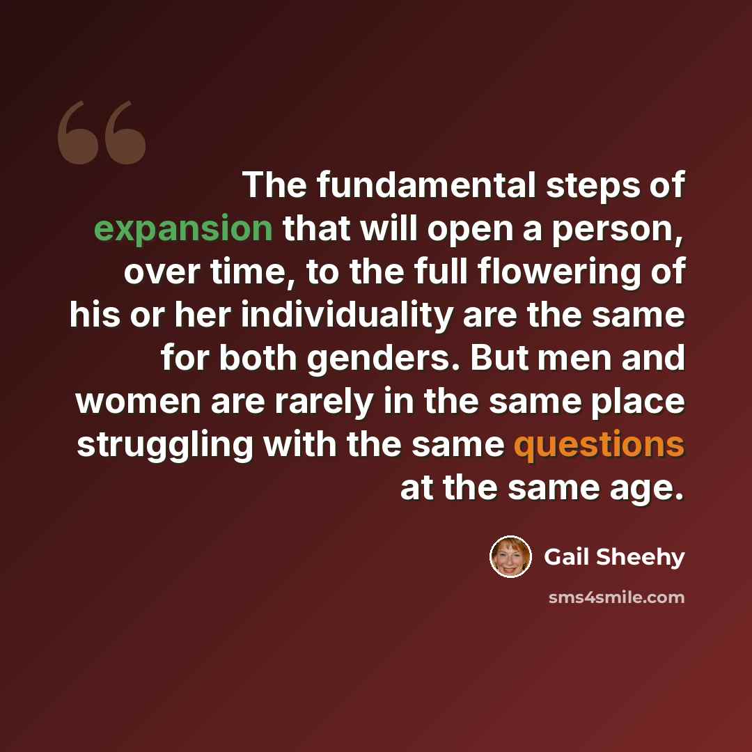 “The fundamental steps of expansion that will open a person, over time, to the full flowering of his or her individuality are the same for both genders. But men and women are rarely in the same place struggling with the same questions at the same age.” quote by Gail Sheehy