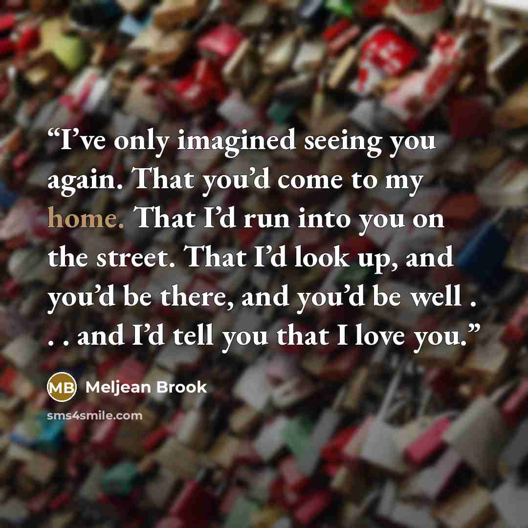 “I’ve only imagined seeing you again. That you’d come to my home. That I’d run into you on the street. That I’d look up, and you’d be there, and you’d be well . . . and I’d tell you that I love you.” quote by Meljean Brook