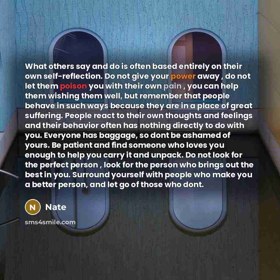 “What others say and do is often based entirely on their own self-reflection. Do not give your power away , do not let them poison you with their own pain , you can help them wishing them well, but remember that people behave in such ways because they are in a place of great suffering. People react…” quote by Nate