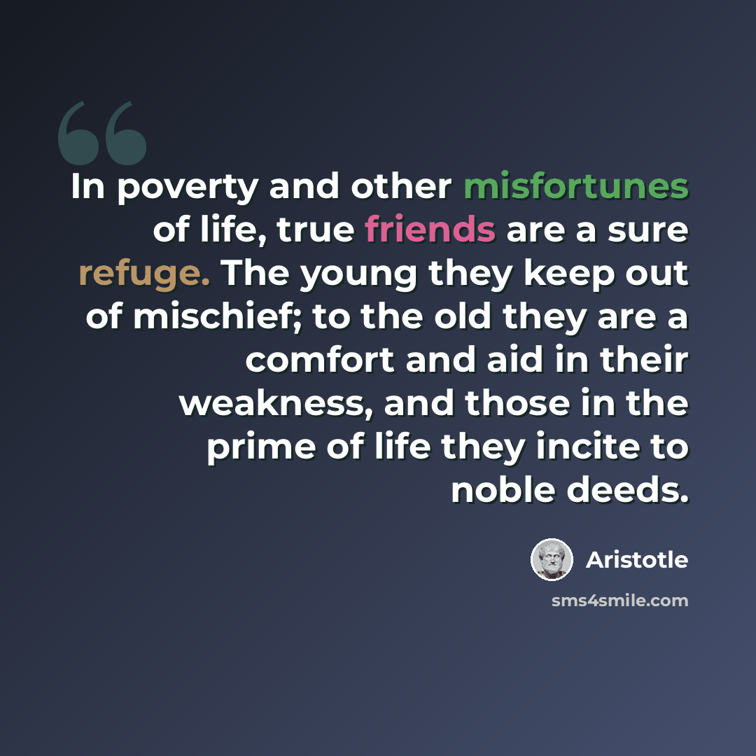 “In poverty and other misfortunes of life, true friends are a sure refuge. The young they keep out of mischief; to the old they are a comfort and aid in their weakness, and those in the prime of life they incite to noble deeds.” quote by Aristotle