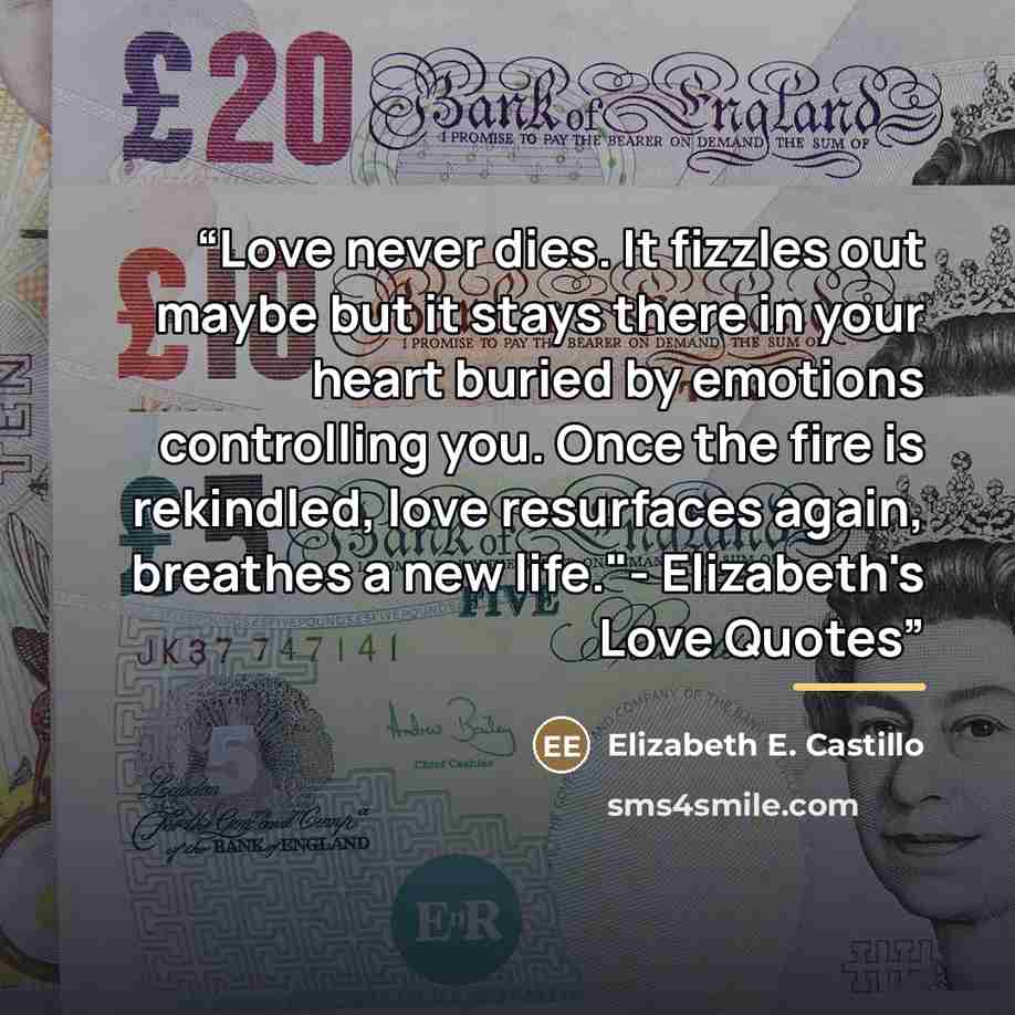 “Love never dies. It fizzles out maybe but it stays there in your heart buried by emotions controlling you. Once the fire is rekindled, love resurfaces again, breathes a new life."- Elizabeth's Love Quotes” quote by Elizabeth E. Castillo
