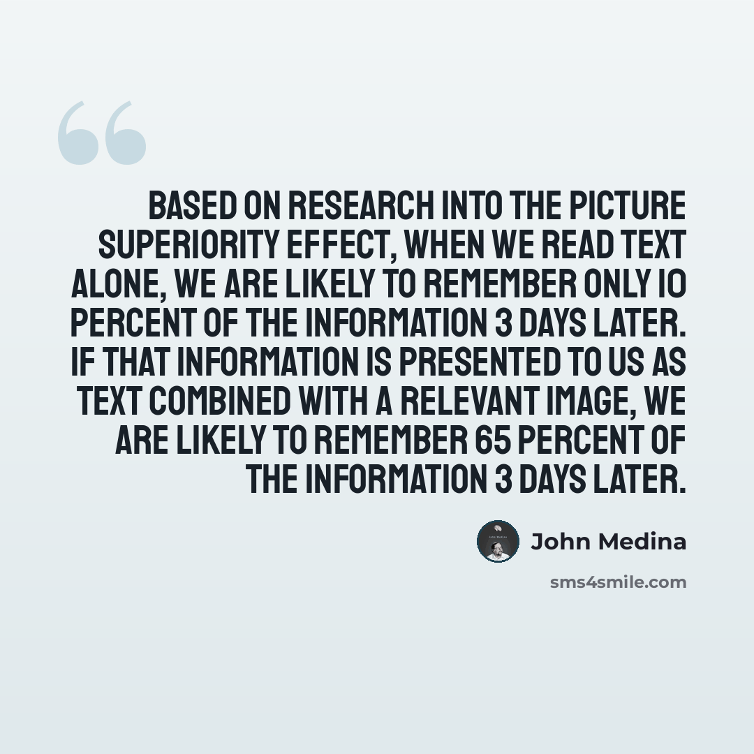 “Based on research into the Picture Superiority Effect, when we read text alone, we are likely to remember only 10 percent of the information 3 days later. If that information is presented to us as text combined with a relevant image, we are likely to remember 65 percent of the information 3 days…” quote by John Medina