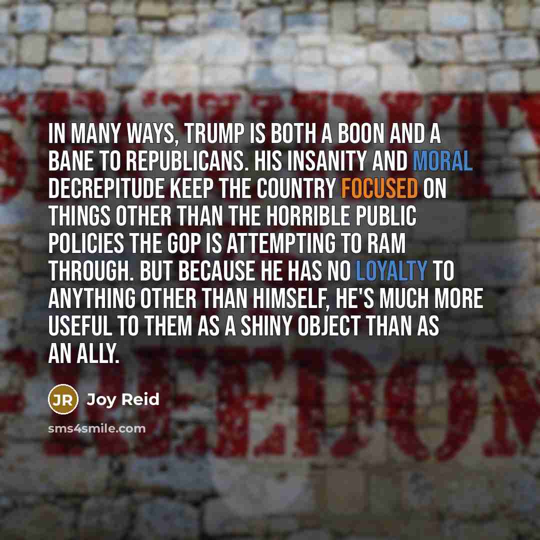 “In many ways, Trump is both a boon and a bane to Republicans. His insanity and moral decrepitude keep the country focused on things other than the horrible public policies the GOP is attempting to ram through. But because he has no loyalty to anything other than himself, he's much more useful to…” quote by Joy Reid