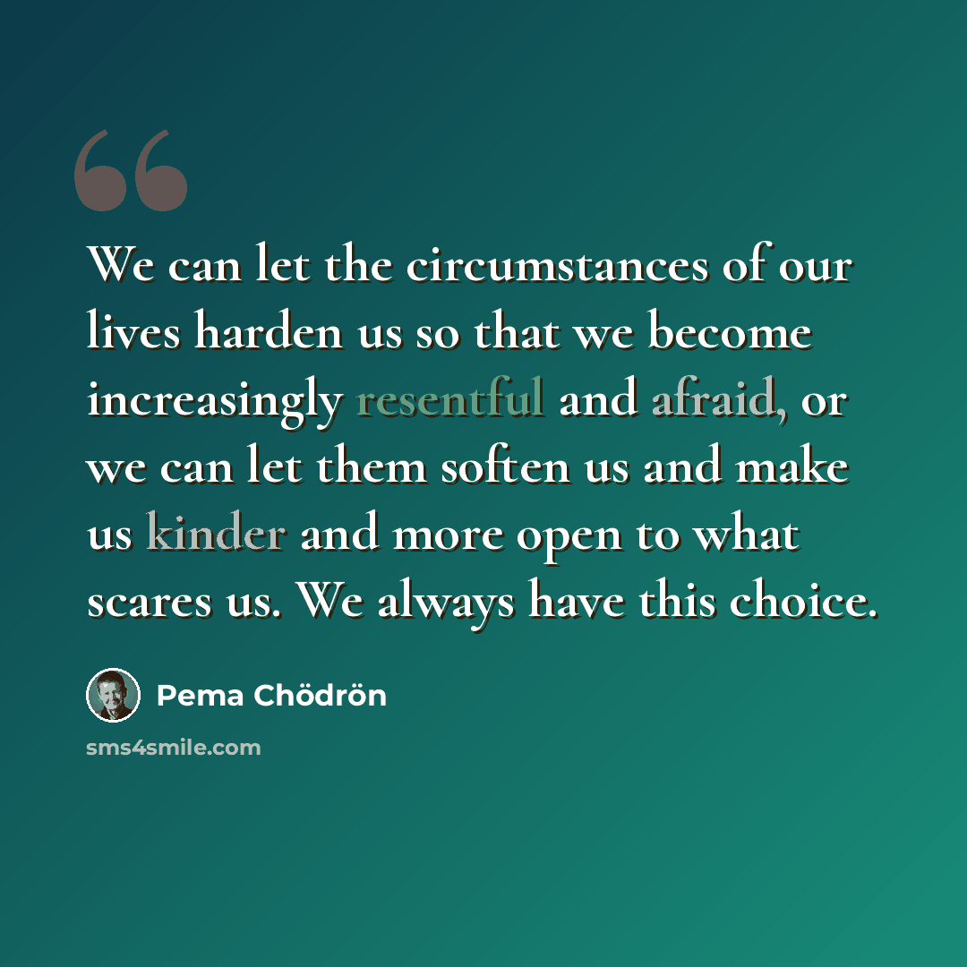 “We can let the circumstances of our lives harden us so that we become increasingly resentful and afraid, or we can let them soften us and make us kinder and more open to what scares us. We always have this choice.” quote by Pema Chodron