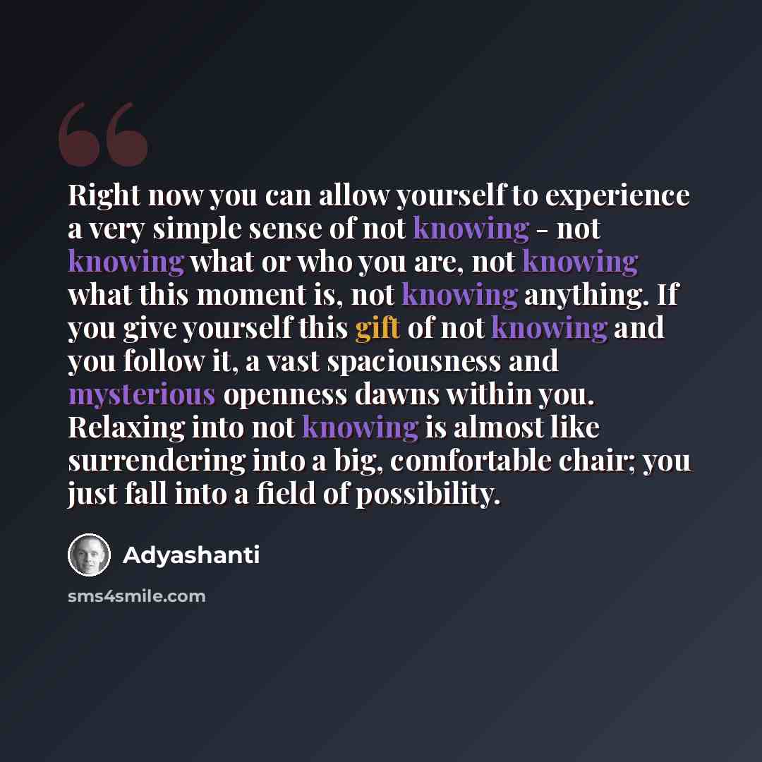 “Right now you can allow yourself to experience a very simple sense of not knowing - not knowing what or who you are, not knowing what this moment is, not knowing anything. If you give yourself this gift of not knowing and you follow it, a vast spaciousness and mysterious openness dawns within you…” quote by Adyashanti