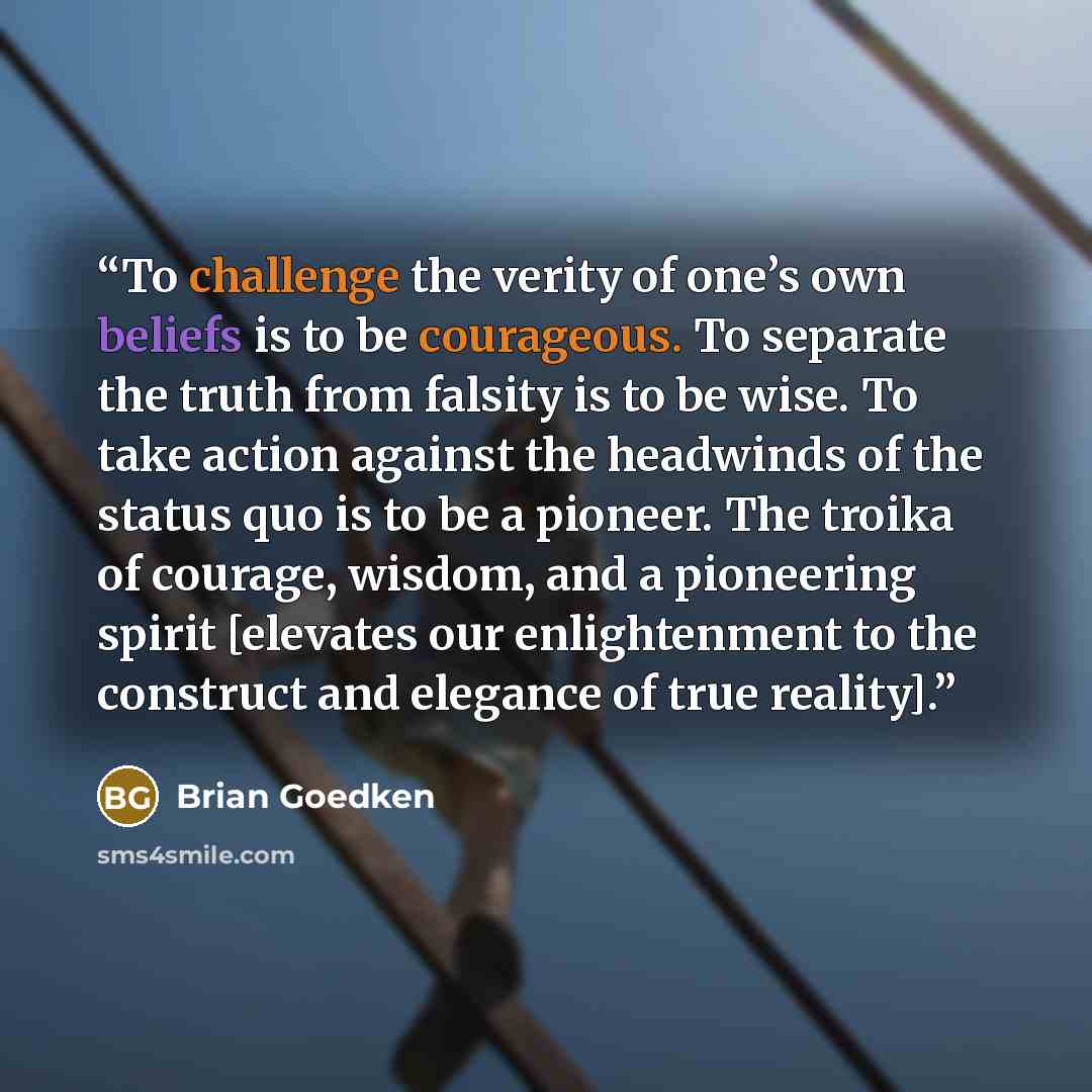 “To challenge the verity of one’s own beliefs is to be courageous. To separate the truth from falsity is to be wise. To take action against the headwinds of the status quo is to be a pioneer. The troika of courage, wisdom, and a pioneering spirit [elevates our enlightenment to the construct and…” quote by Brian Goedken