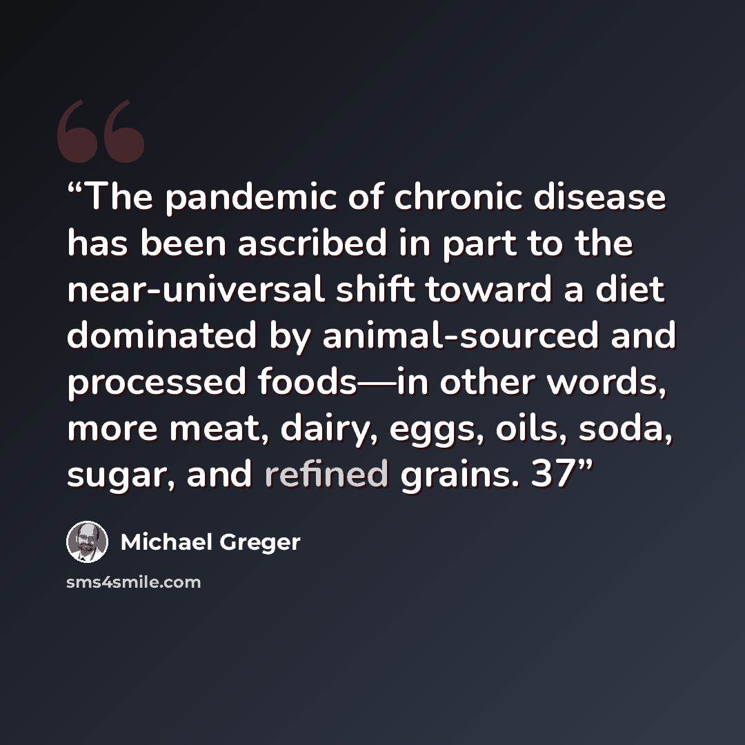 “The pandemic of chronic disease has been ascribed in part to the near-universal shift toward a diet dominated by animal-sourced and processed foods—in other words, more meat, dairy, eggs, oils, soda, sugar, and refined grains. 37” quote by Michael Greger