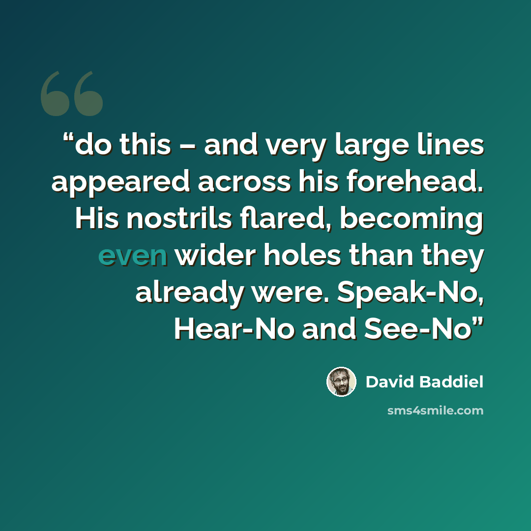 “do this – and very large lines appeared across his forehead. His nostrils flared, becoming even wider holes than they already were. Speak-No, Hear-No and See-No” quote by David Baddiel