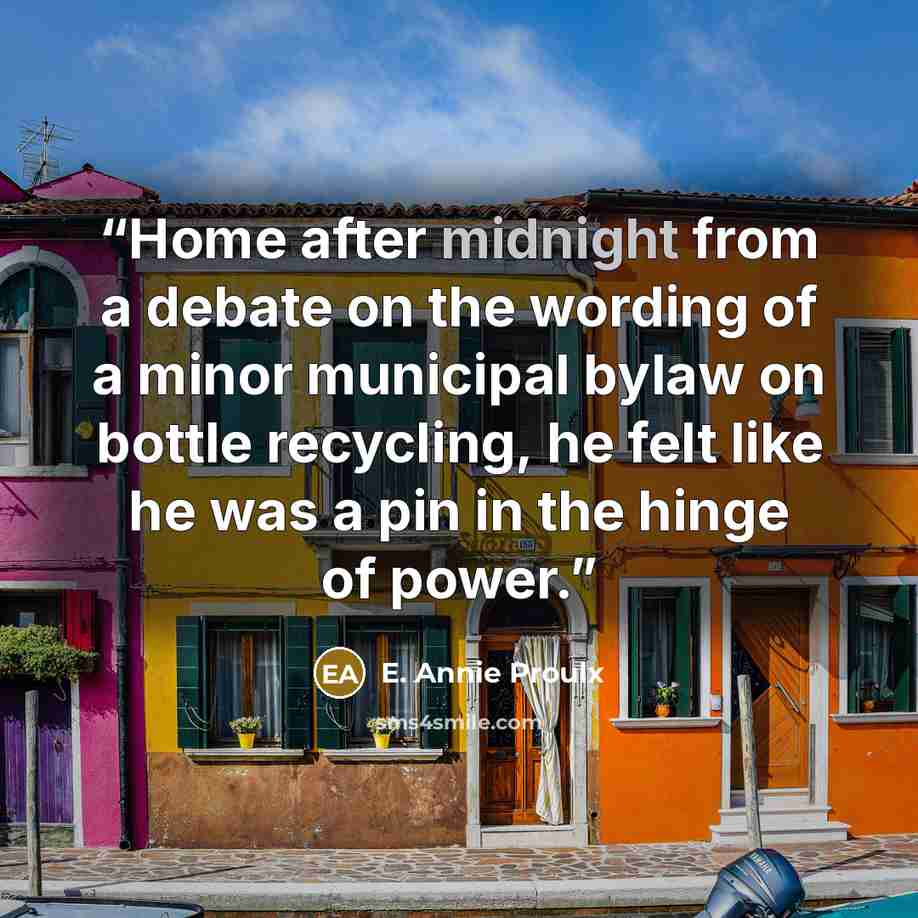 “Home after midnight from a debate on the wording of a minor municipal bylaw on bottle recycling, he felt like he was a pin in the hinge of power.” quote by E. Annie Proulx