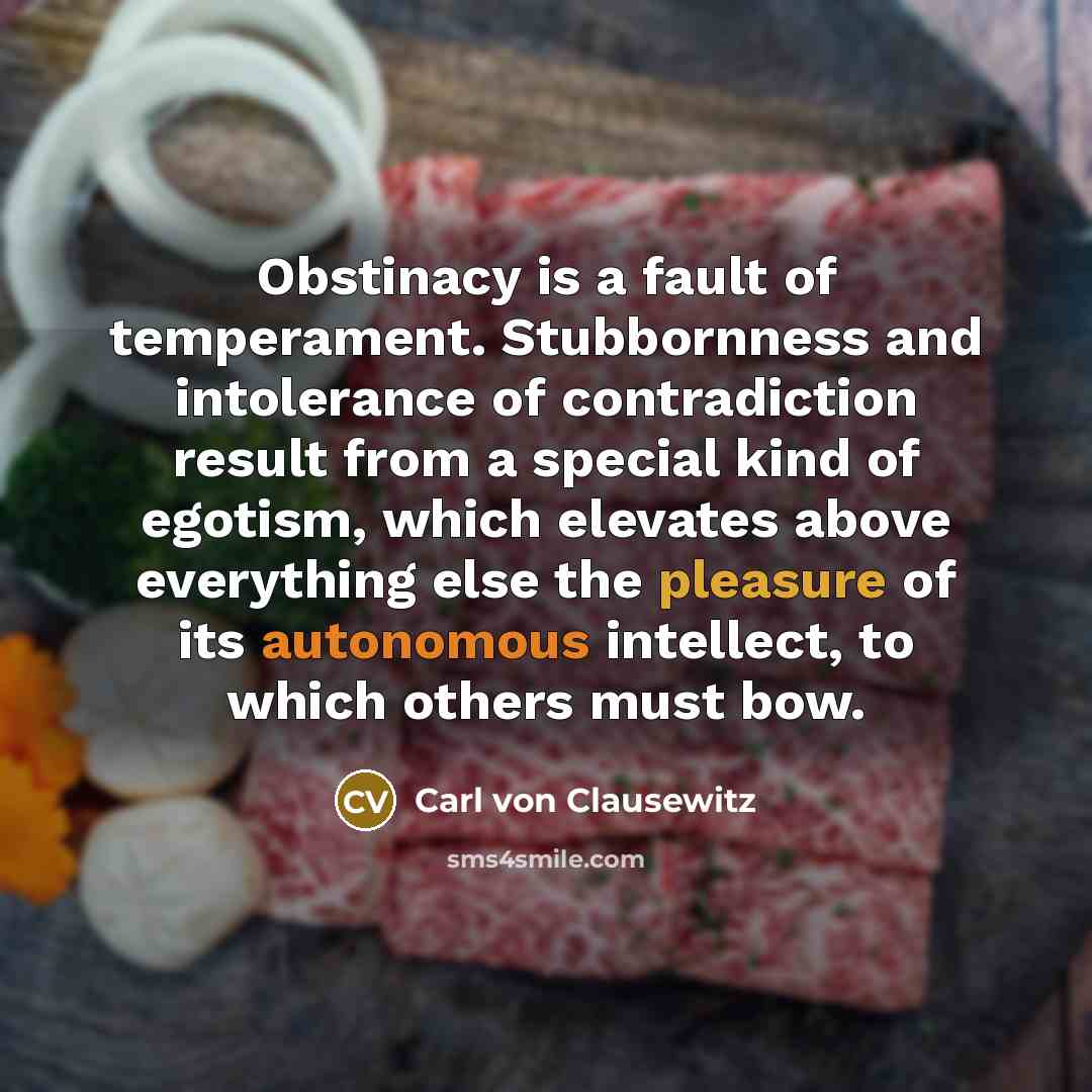 “Obstinacy is a fault of temperament. Stubbornness and intolerance of contradiction result from a special kind of egotism, which elevates above everything else the pleasure of its autonomous intellect, to which others must bow.” quote by Carl von Clausewitz