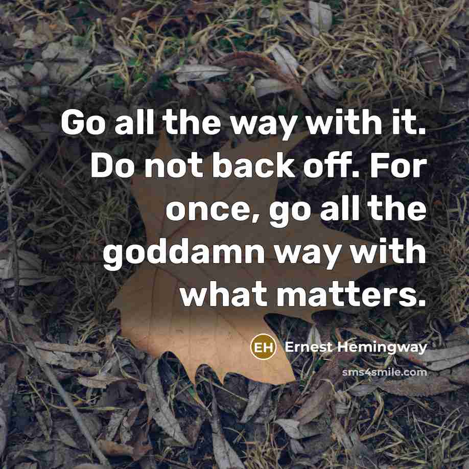 “Go all the way with it. Do not back off. For once, go all the goddamn way with what matters.” quote by Ernest Hemingway