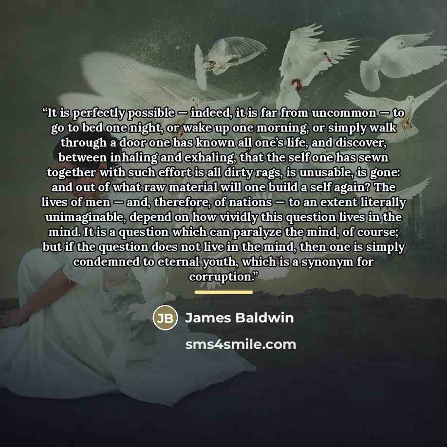 “It is perfectly possible — indeed, it is far from uncommon — to go to bed one night, or wake up one morning, or simply walk through a door one has known all one’s life, and discover, between inhaling and exhaling, that the self one has sewn together with such effort is all dirty rags, is unusable…” quote by James Baldwin