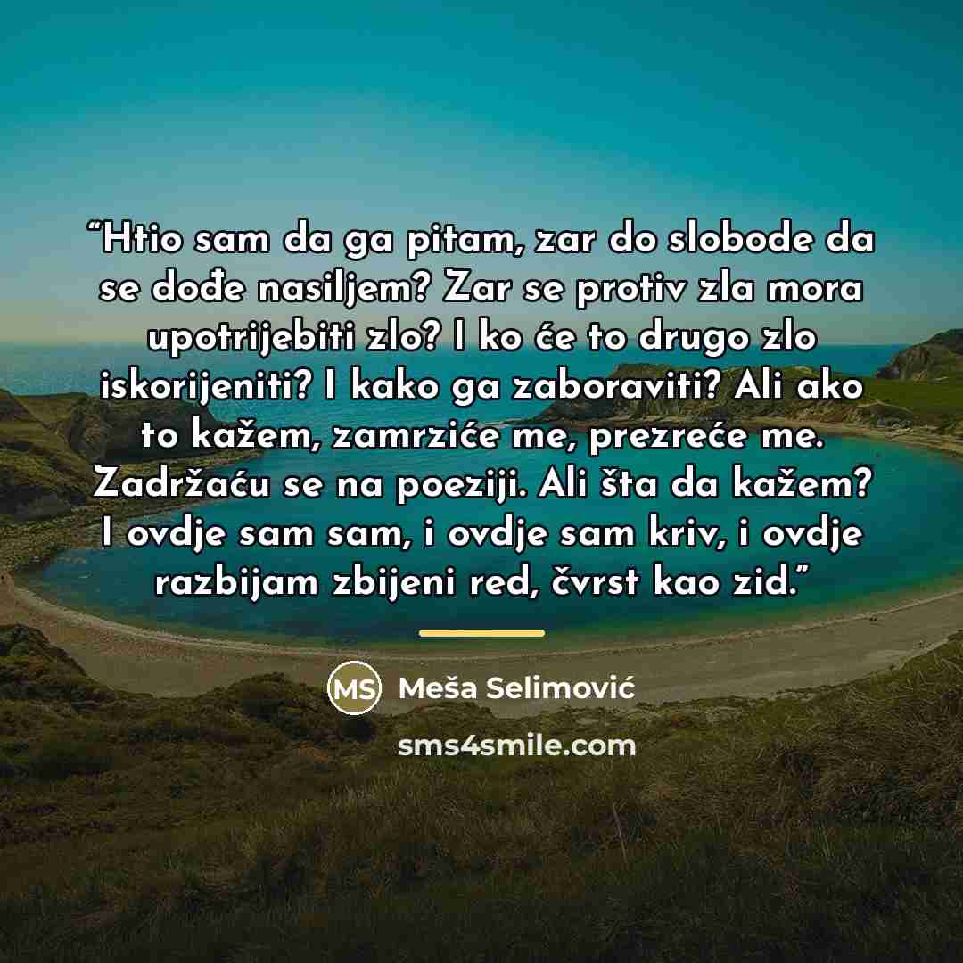 “Htio sam da ga pitam, zar do slobode da se dođe nasiljem? Zar se protiv zla mora upotrijebiti zlo? I ko će to drugo zlo iskorijeniti? I kako ga zaboraviti? Ali ako to kažem, zamrziće me, prezreće me. Zadržaću se na poeziji. Ali šta da kažem? I ovdje sam sam, i ovdje sam kriv, i ovdje razbijam…” quote by Meša Selimović