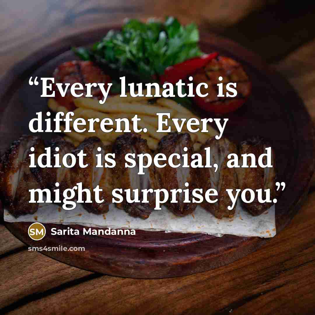 “Every lunatic is different. Every idiot is special, and might surprise you.” quote by Sarita Mandanna