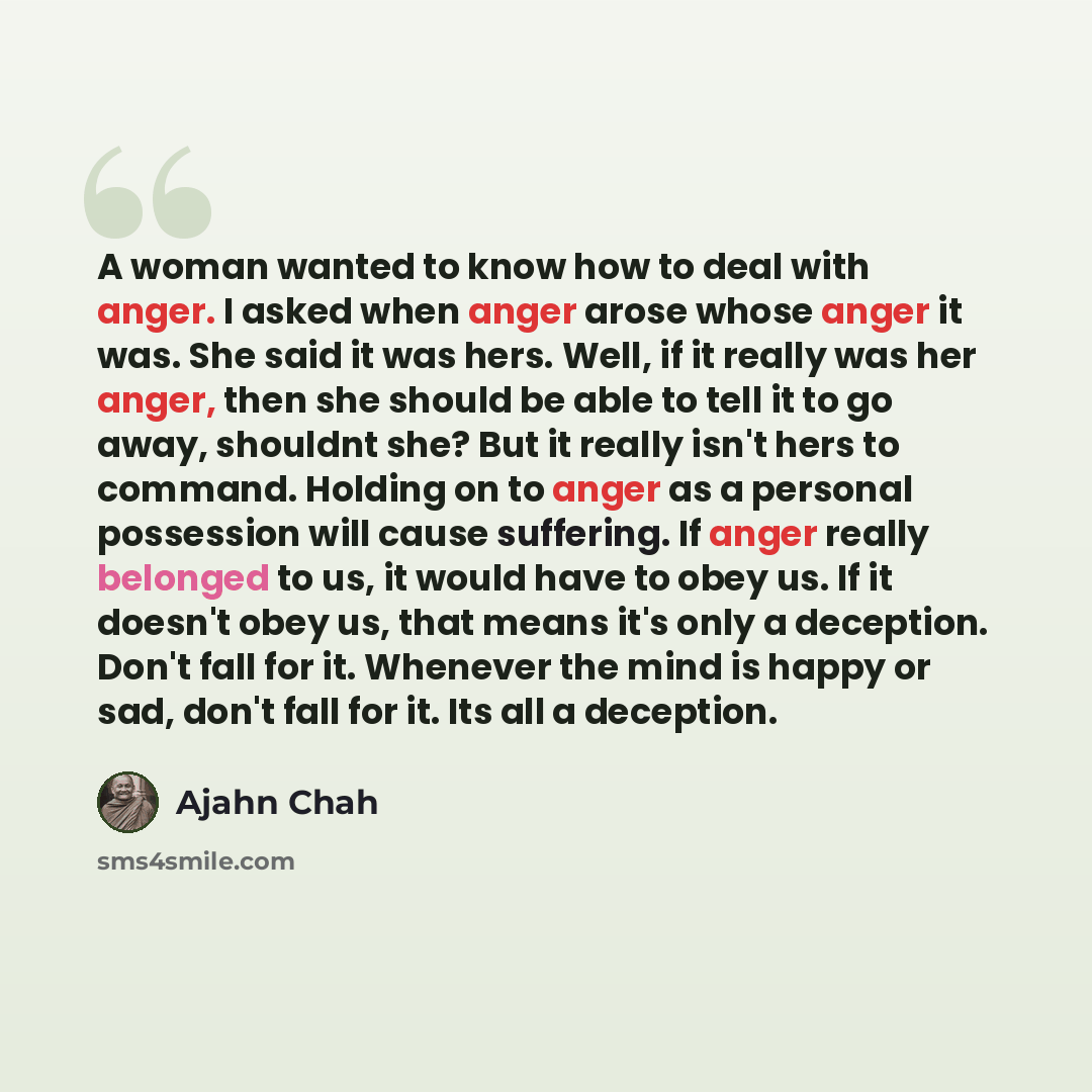 “A woman wanted to know how to deal with anger. I asked when anger arose whose anger it was. She said it was hers. Well, if it really was her anger, then she should be able to tell it to go away, shouldnt she? But it really isn't hers to command. Holding on to anger as a personal possession will…” quote by Ajahn Chah