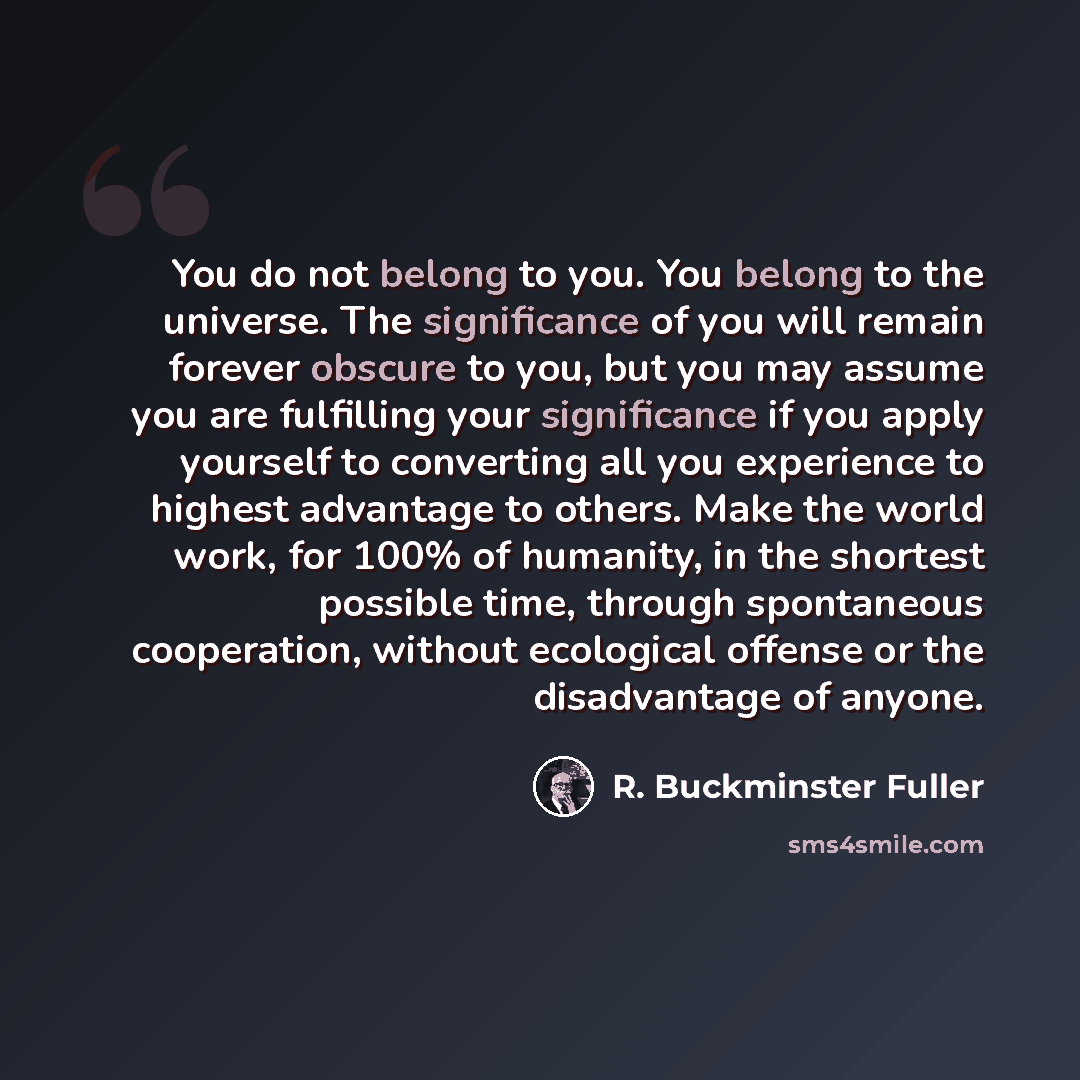 “You do not belong to you. You belong to the universe. The significance of you will remain forever obscure to you, but you may assume you are fulfilling your significance if you apply yourself to converting all you experience to highest advantage to others. Make the world work, for 100% of…” quote by R. Buckminster Fuller