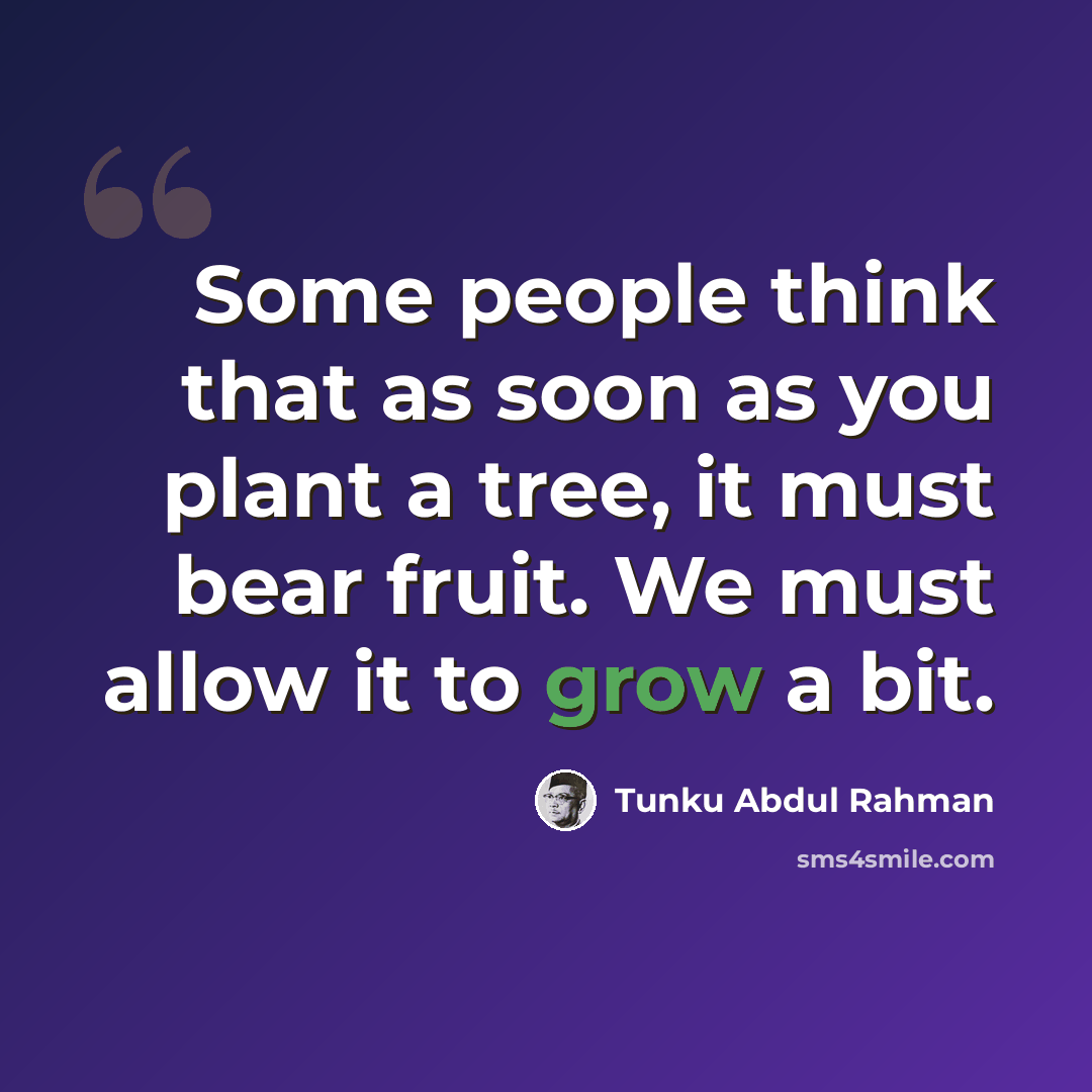 “Some people think that as soon as you plant a tree, it must bear fruit. We must allow it to grow a bit.” quote by Tunku Abdul Rahman