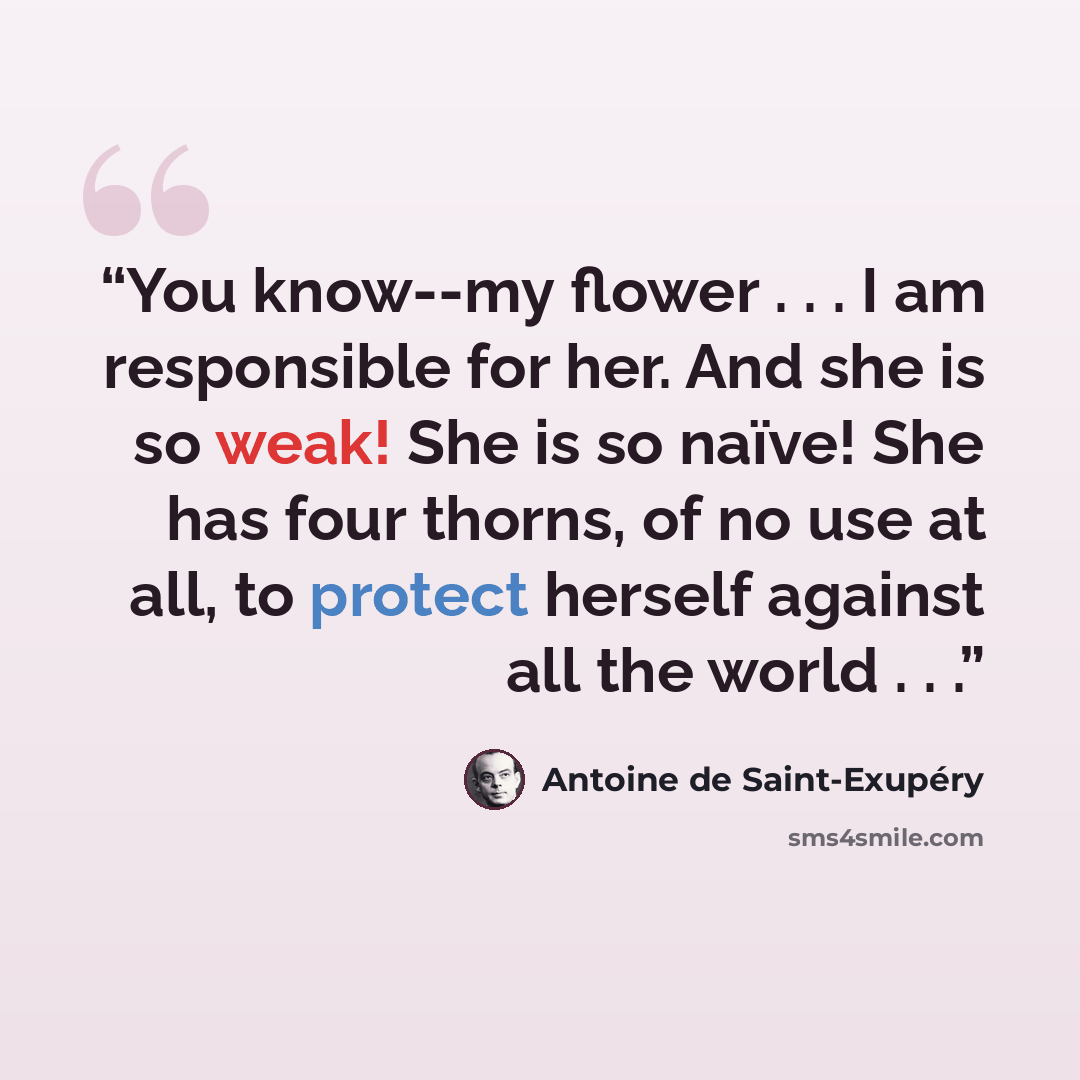 “You know--my flower . . . I am responsible for her. And she is so weak! She is so naïve! She has four thorns, of no use at all, to protect herself against all the world . . .” quote by Antoine de Saint-Exupéry