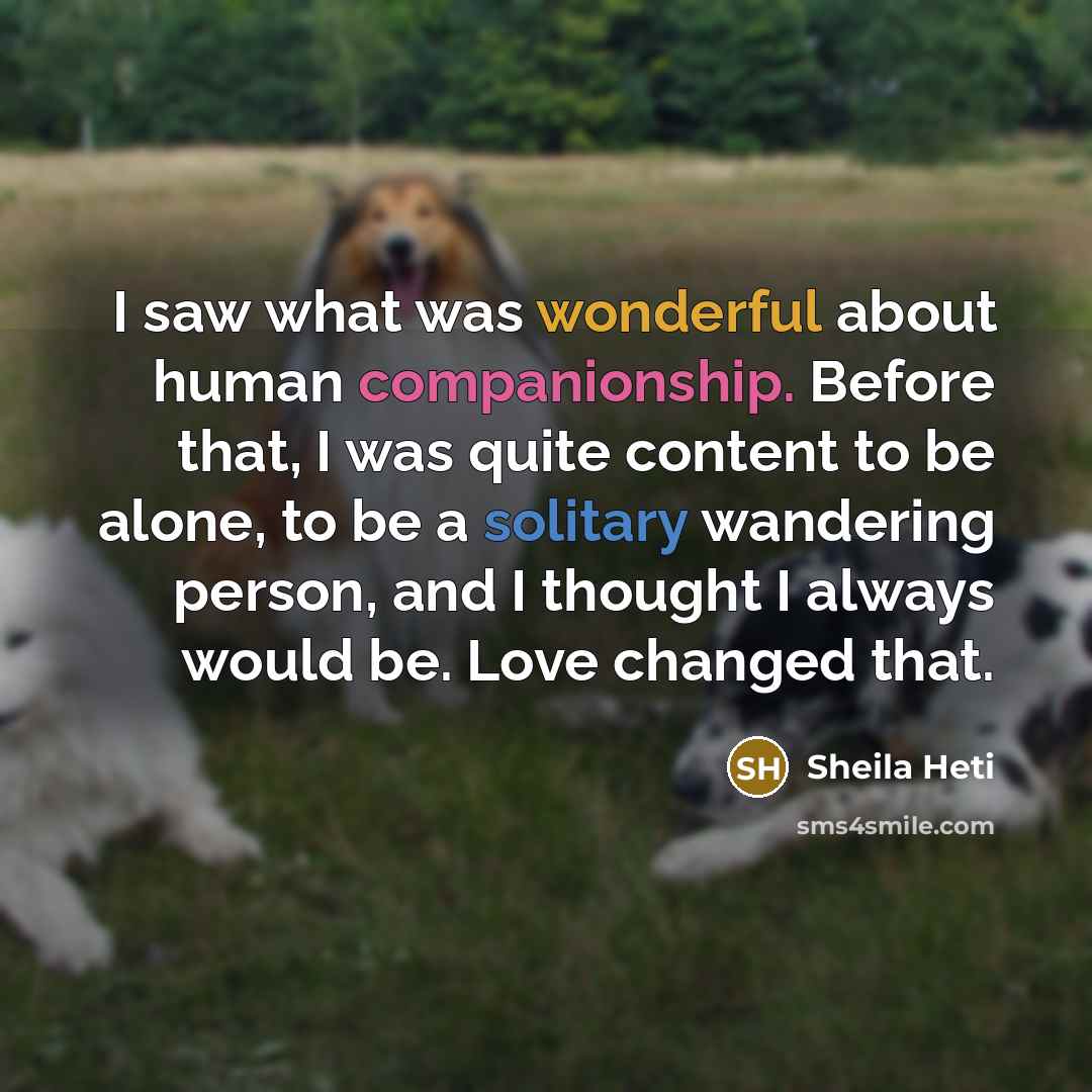 “I saw what was wonderful about human companionship. Before that, I was quite content to be alone, to be a solitary wandering person, and I thought I always would be. Love changed that.” quote by Sheila Heti