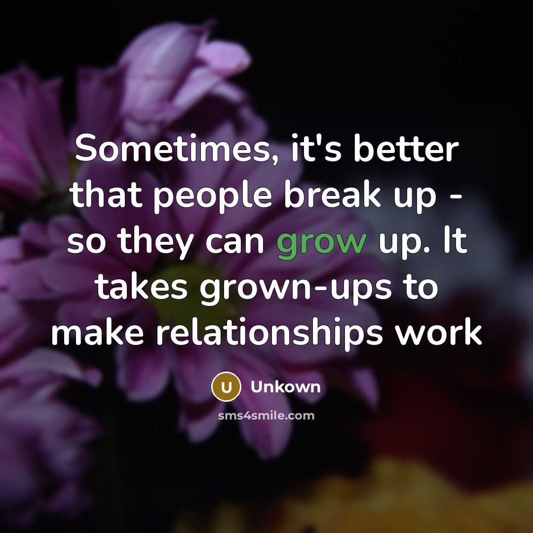 “Sometimes, it's better that people break up - so they can grow up. It takes grown-ups to make relationships work” quote by Unkown