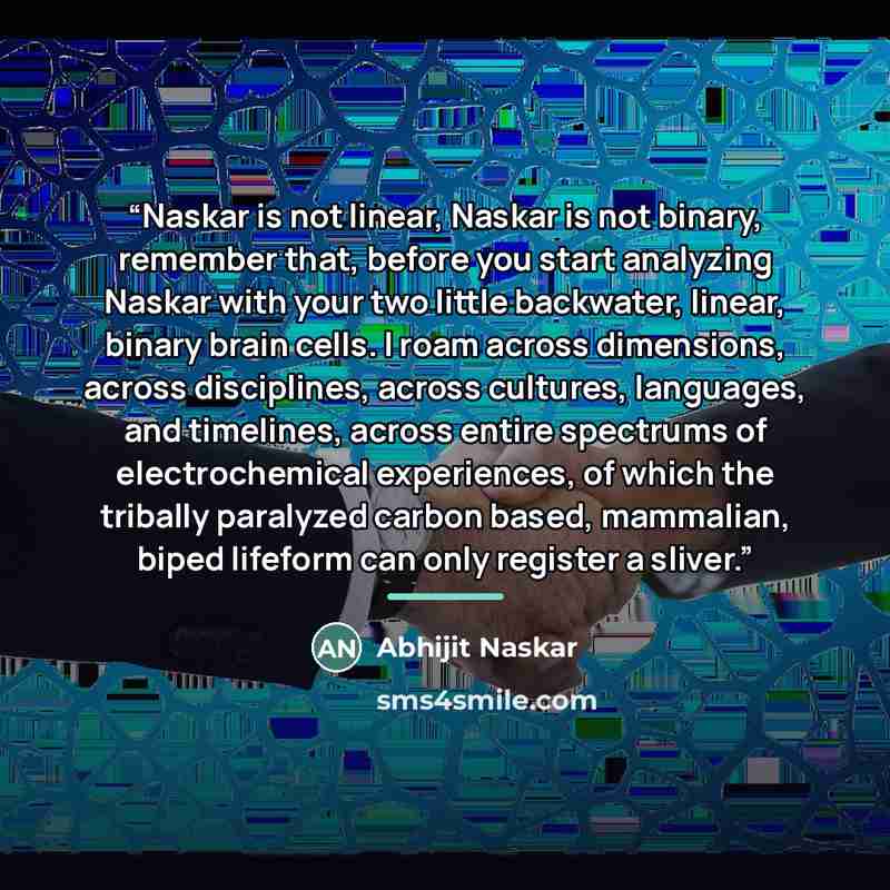 “Naskar is not linear, Naskar is not binary, remember that, before you start analyzing Naskar with your two little backwater, linear, binary brain cells. I roam across dimensions, across disciplines, across cultures, languages, and timelines, across entire spectrums of electrochemical experiences…” quote by Abhijit Naskar