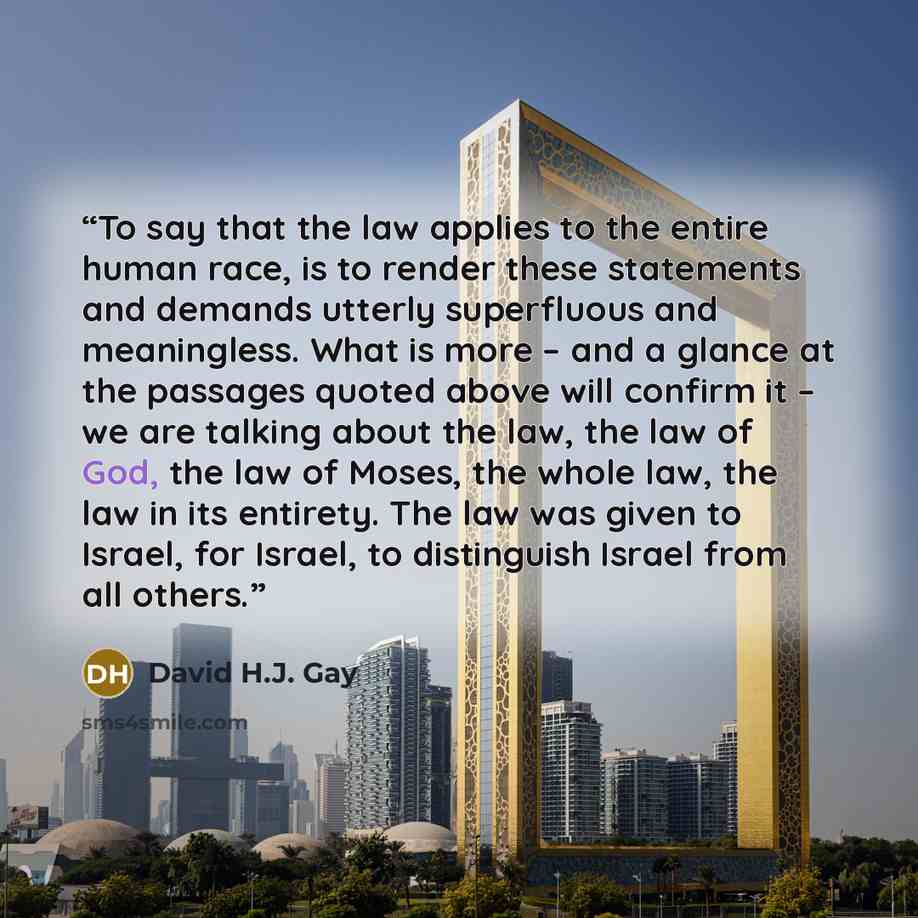 “To say that the law applies to the entire human race, is to render these statements and demands utterly superfluous and meaningless. What is more – and a glance at the passages quoted above will confirm it – we are talking about the law, the law of God, the law of Moses, the whole law, the law in…” quote by David H.J. Gay