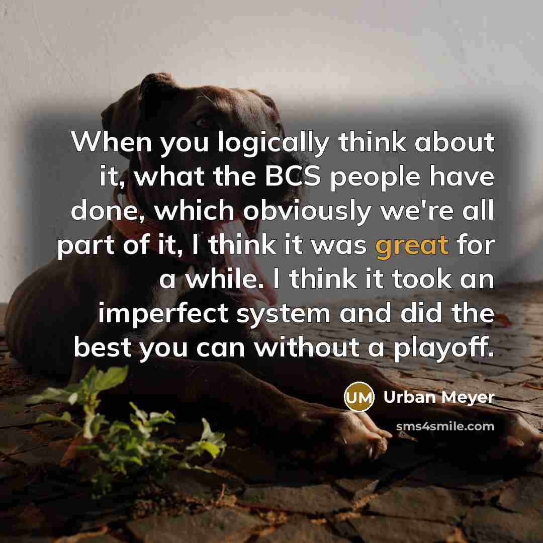 “When you logically think about it, what the BCS people have done, which obviously we're all part of it, I think it was great for a while. I think it took an imperfect system and did the best you can without a playoff.” quote by Urban Meyer
