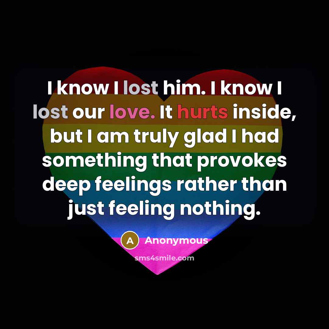 “I know I lost him. I know I lost our love. It hurts inside, but I am truly glad I had something that provokes deep feelings rather than just feeling nothing.” quote by Anonymous