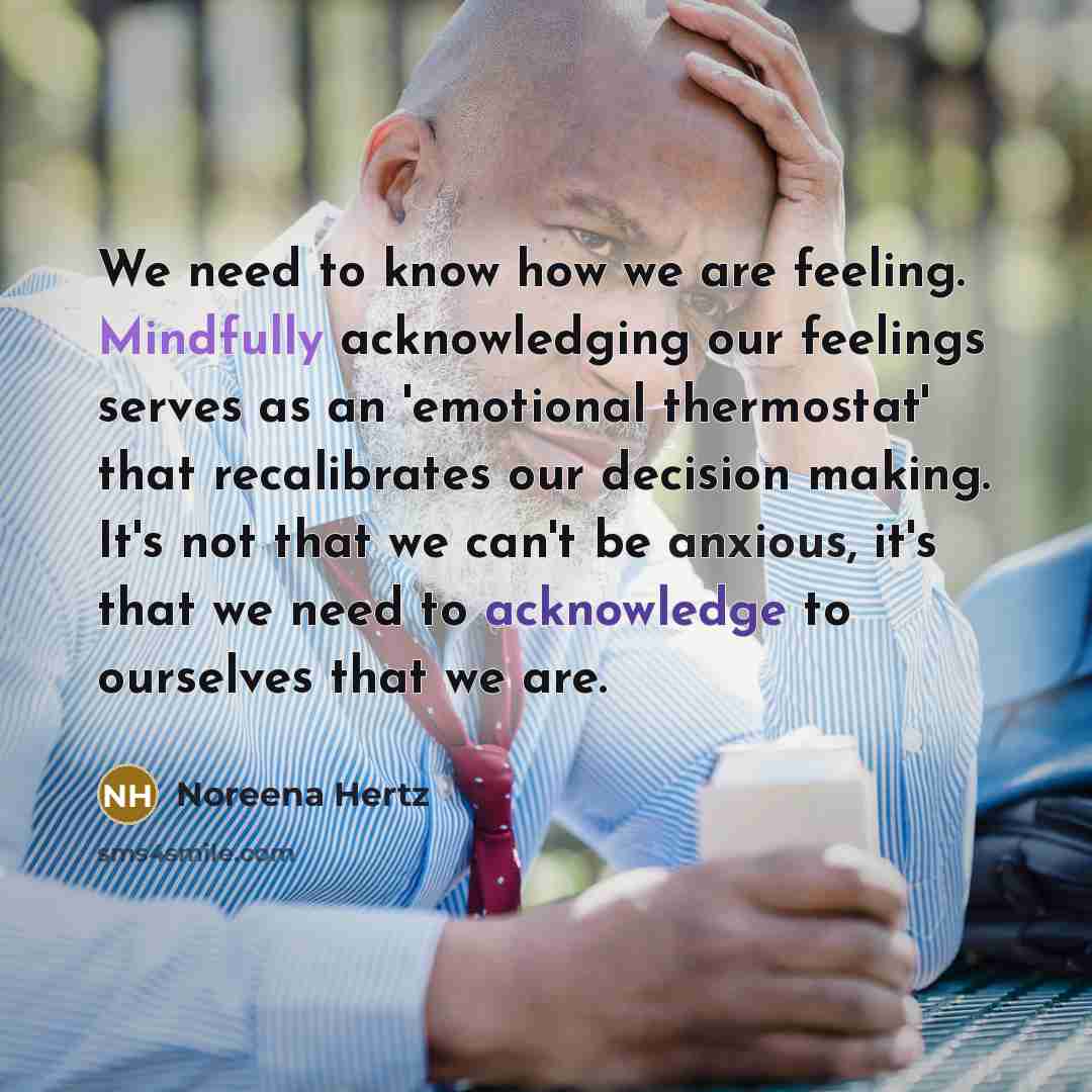 “We need to know how we are feeling. Mindfully acknowledging our feelings serves as an 'emotional thermostat' that recalibrates our decision making. It's not that we can't be anxious, it's that we need to acknowledge to ourselves that we are.” quote by Noreena Hertz