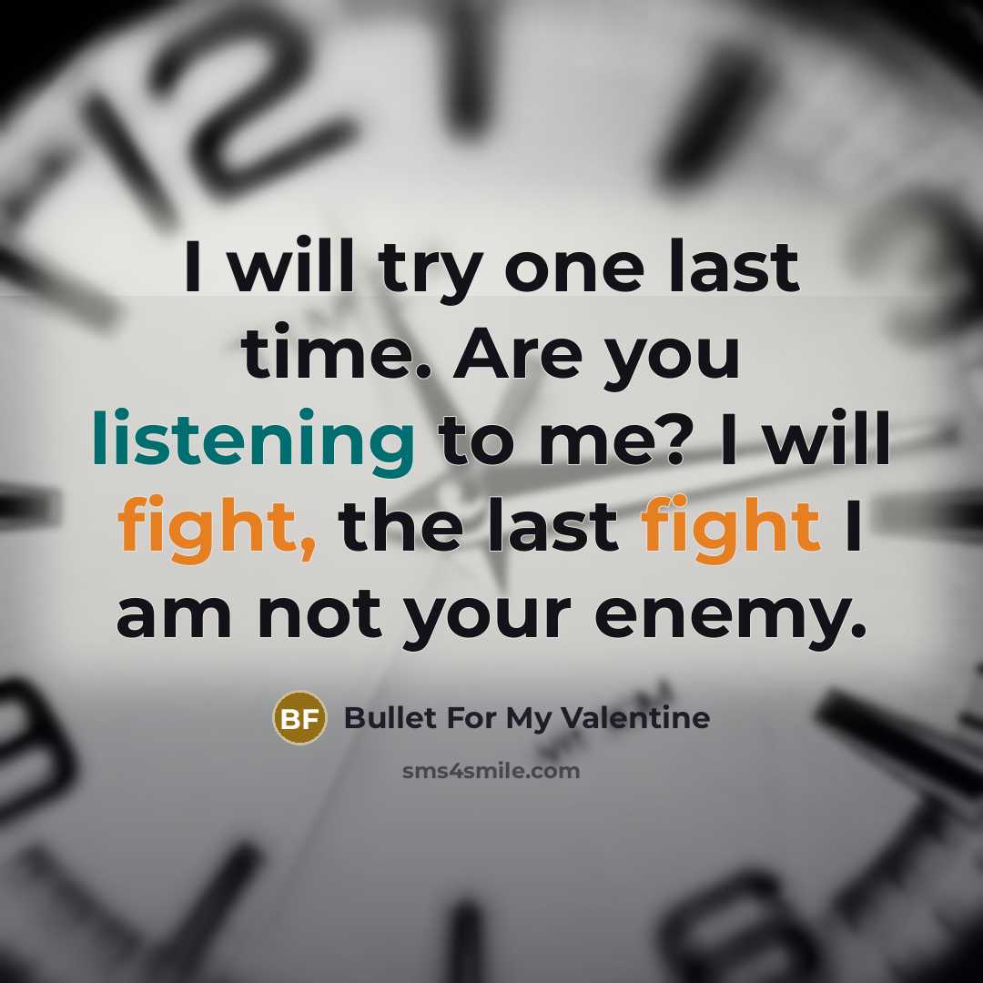 “I will try one last time. Are you listening to me? I will fight, the last fight I am not your enemy.” quote by Bullet For My Valentine