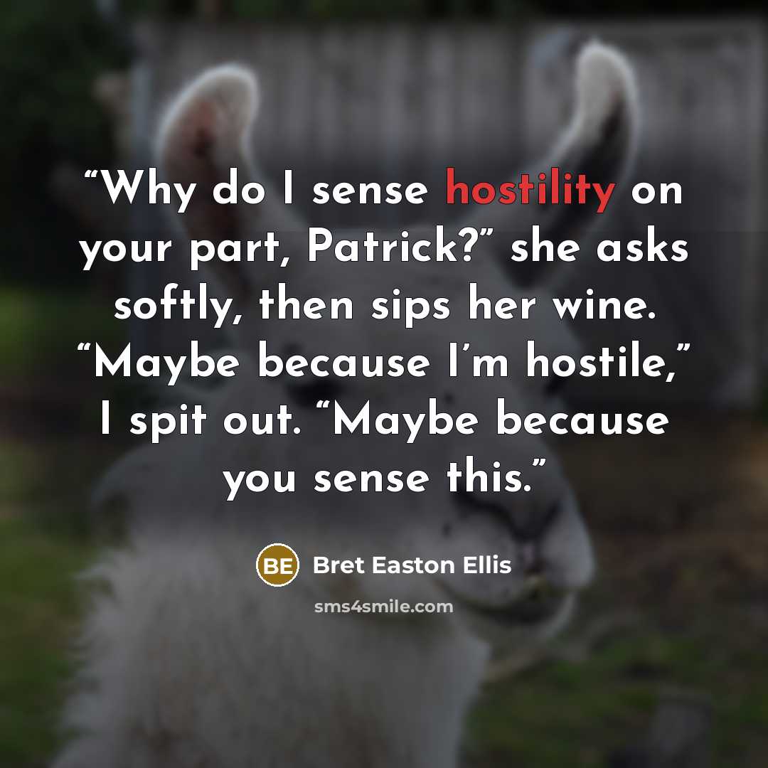 “Why do I sense hostility on your part, Patrick?” she asks softly, then sips her wine. “Maybe because I’m hostile,” I spit out. “Maybe because you sense this.” quote by Bret Easton Ellis