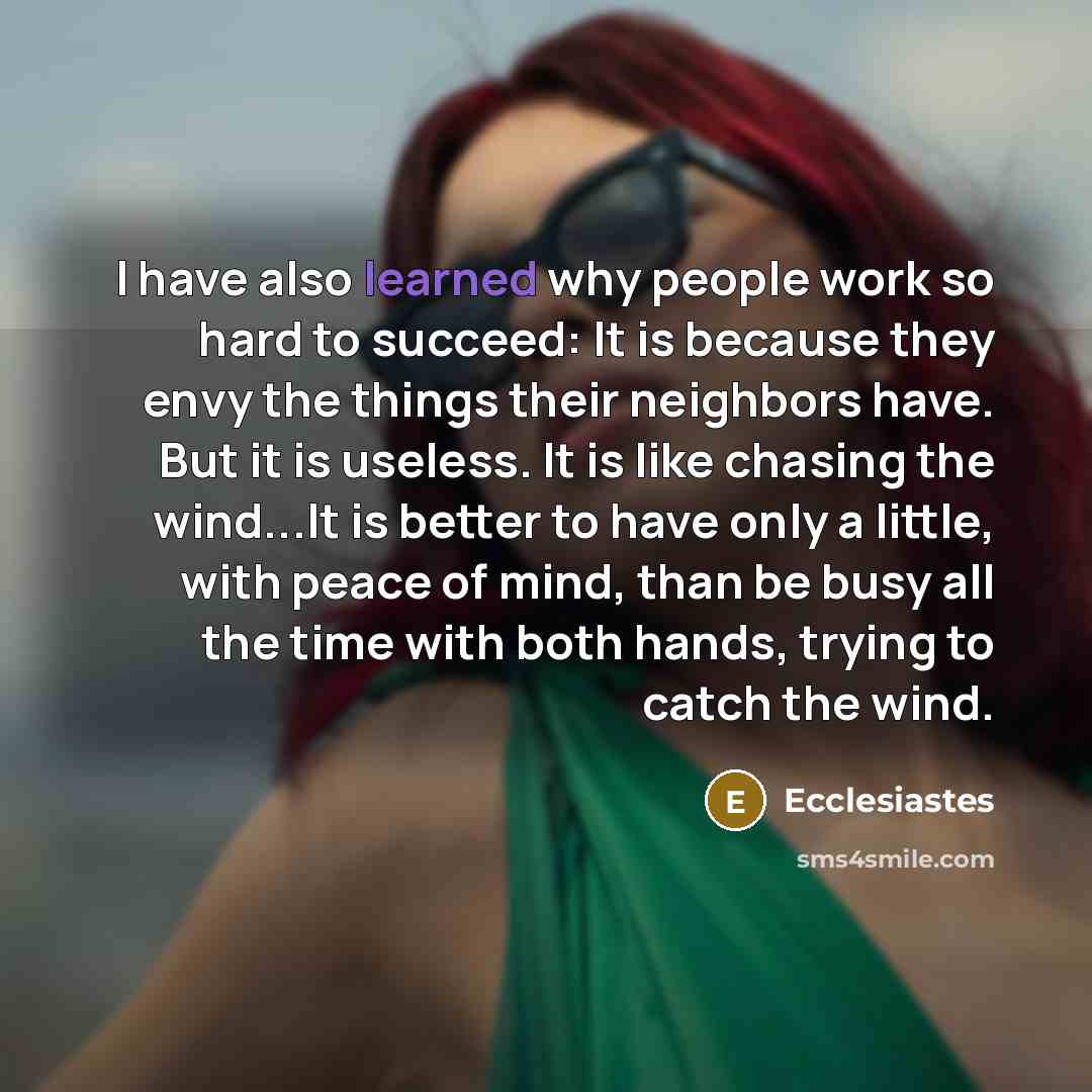 “I have also learned why people work so hard to succeed: It is because they envy the things their neighbors have. But it is useless. It is like chasing the wind...It is better to have only a little, with peace of mind, than be busy all the time with both hands, trying to catch the wind.” quote by Ecclesiastes