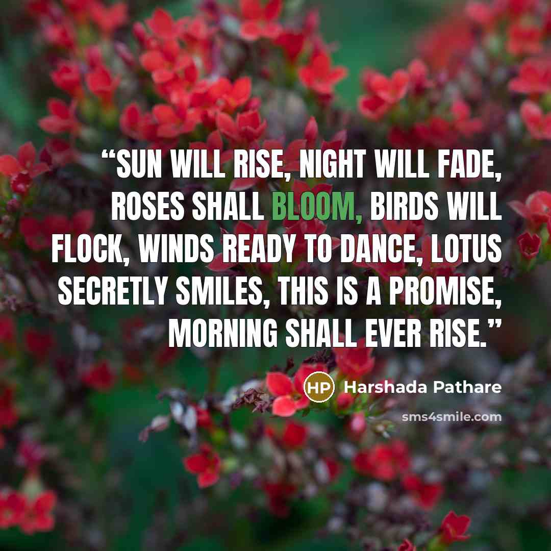 “Sun will rise, night will fade, Roses shall bloom, birds will flock, Winds ready to dance, lotus secretly smiles, This is a promise, morning shall ever rise.” quote by Harshada Pathare