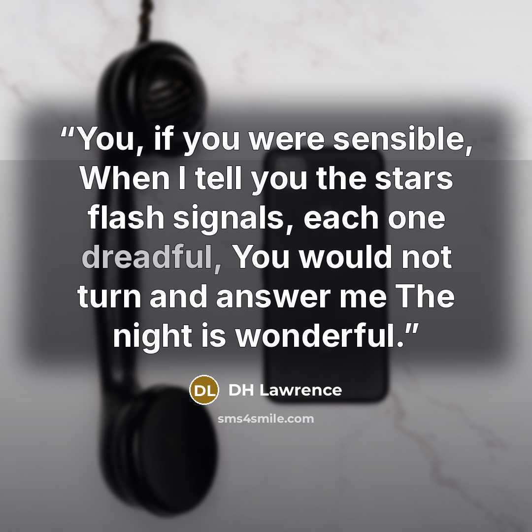 “You, if you were sensible, When I tell you the stars flash signals, each one dreadful, You would not turn and answer me The night is wonderful.” quote by DH Lawrence