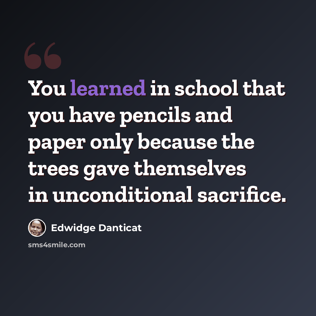 “You learned in school that you have pencils and paper only because the trees gave themselves in unconditional sacrifice.” quote by Edwidge Danticat