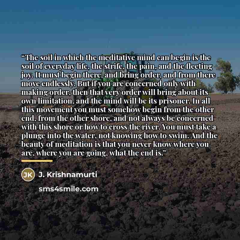 “The soil in which the meditative mind can begin is the soil of everyday life, the strife, the pain, and the fleeting joy. It must begin there, and bring order, and from there move endlessly. But if you are concerned only with making order, then that very order will bring about its own limitation…” quote by J. Krishnamurti