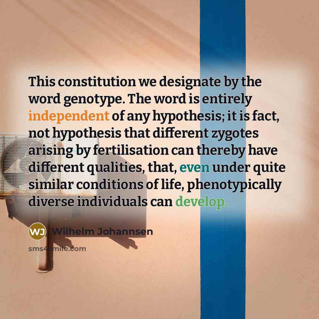 “This constitution we designate by the word genotype. The word is entirely independent of any hypothesis; it is fact, not hypothesis that different zygotes arising by fertilisation can thereby have different qualities, that, even under quite similar conditions of life, phenotypically diverse…” quote by Wilhelm Johannsen